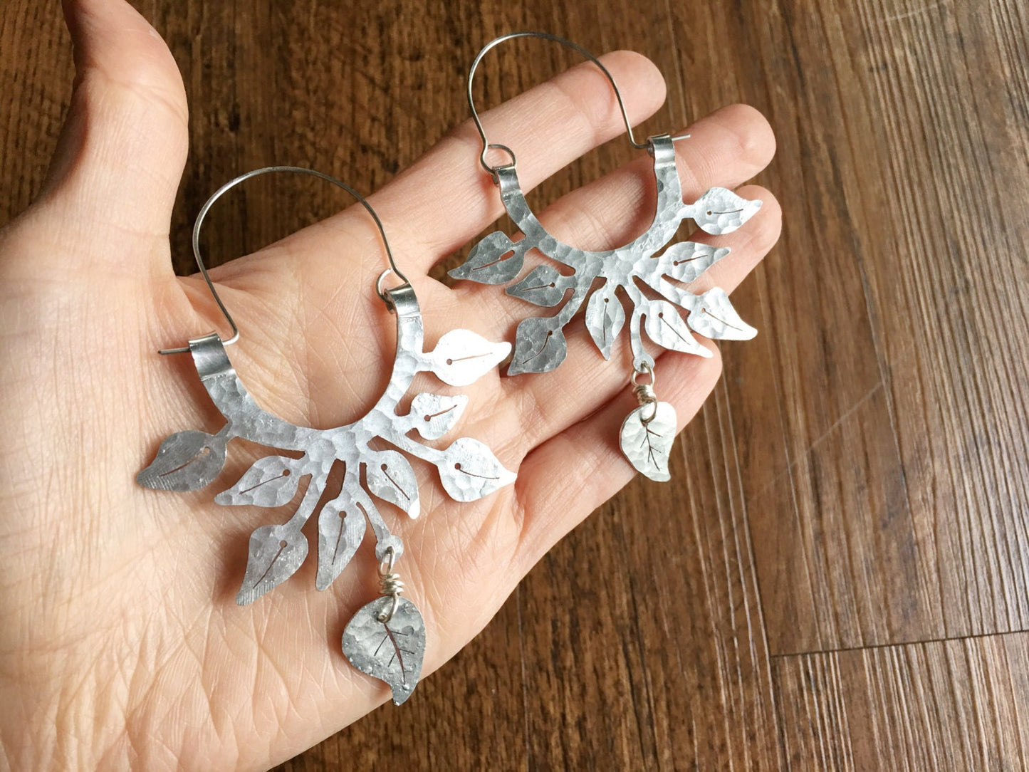 Handmade Pothos Leaf Hoop Earrings: Hammered Aluminum Botanical Jewelry