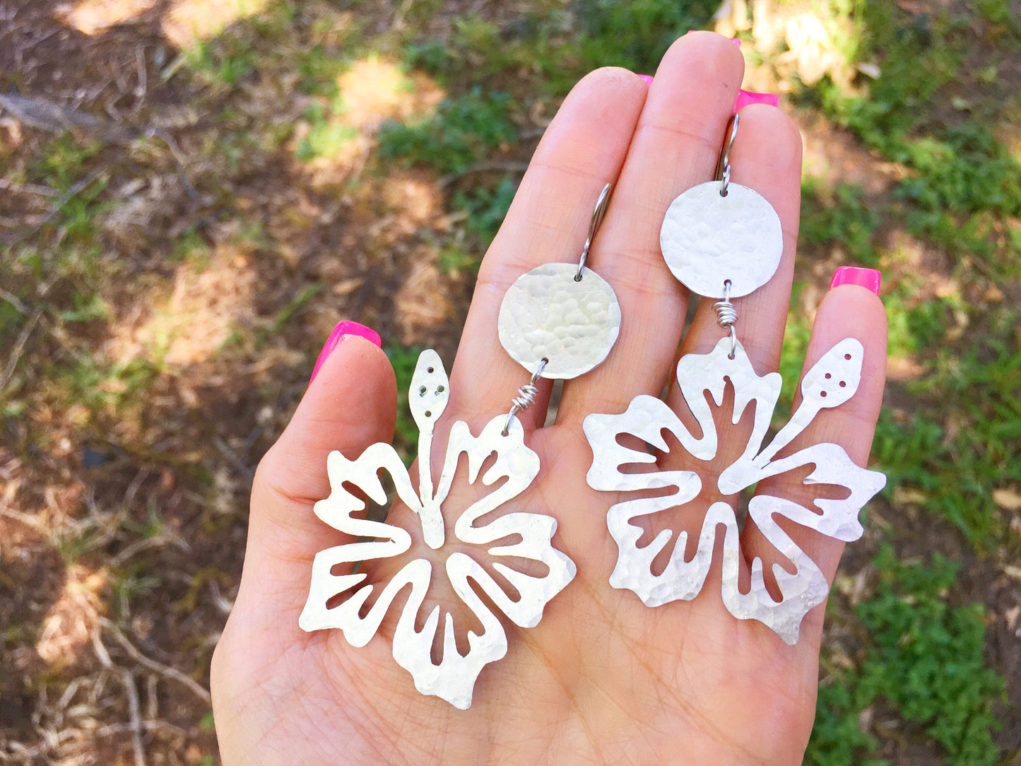 Handmade Hibiscus Flower Dangle Earrings: Aluminum & Copper