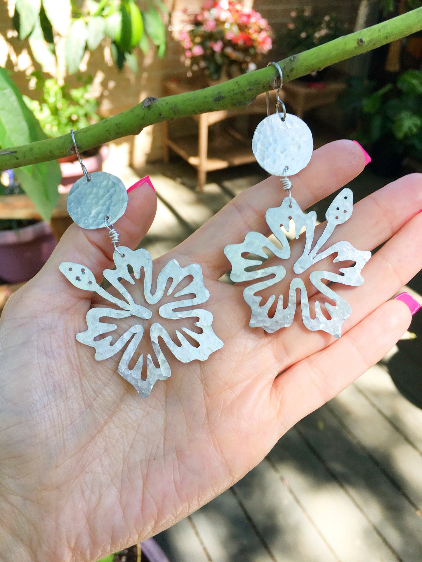 Handmade Hibiscus Flower Dangle Earrings: Aluminum & Copper