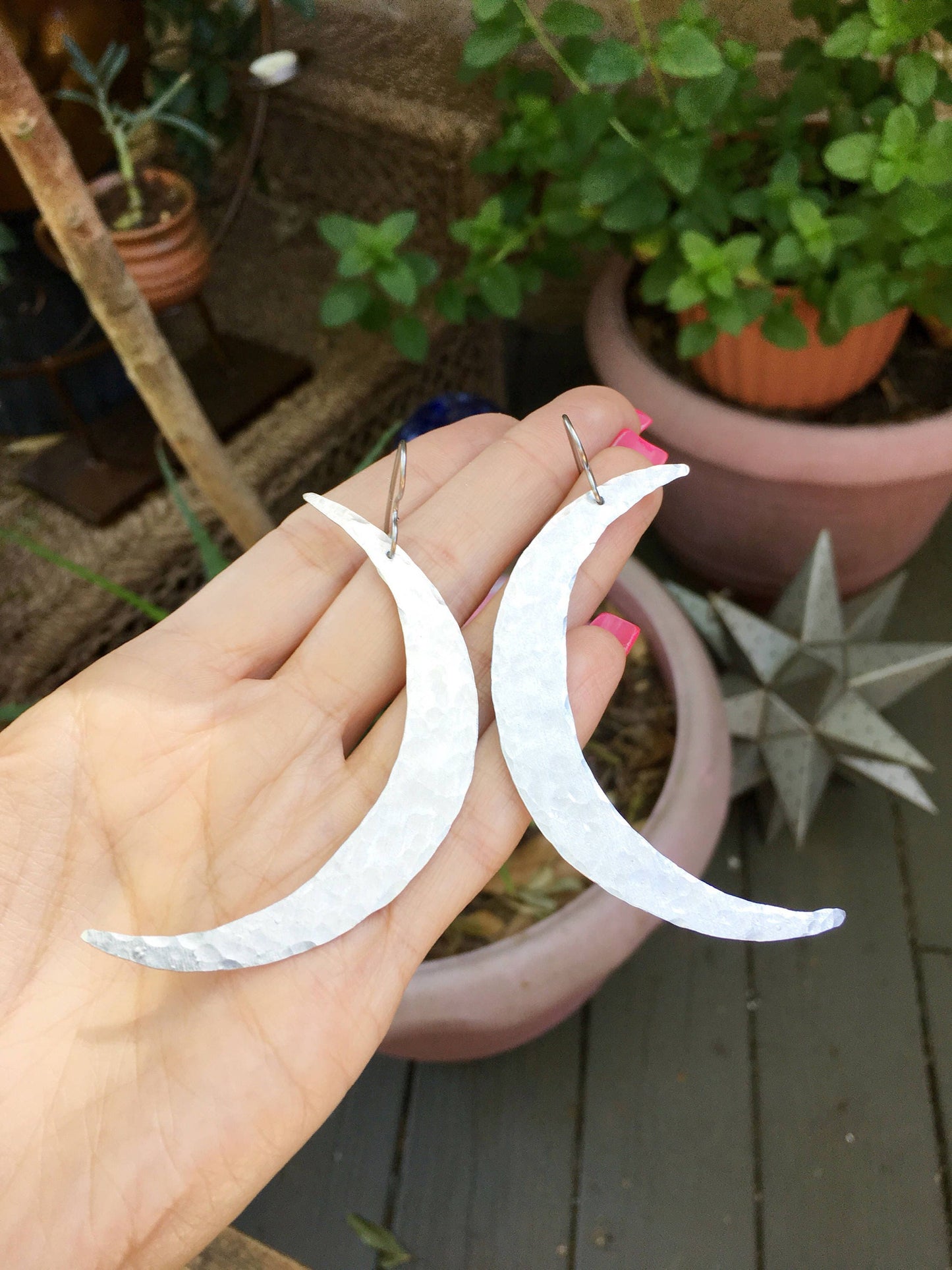 Large Crescent Moon Earrings: Handmade Brass or Copper Dangles