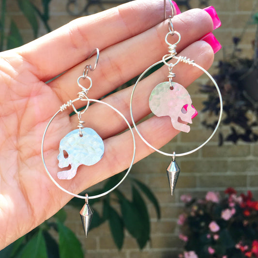 Skull Hoop Earrings: Pewter Spikes, Aluminum Cutout