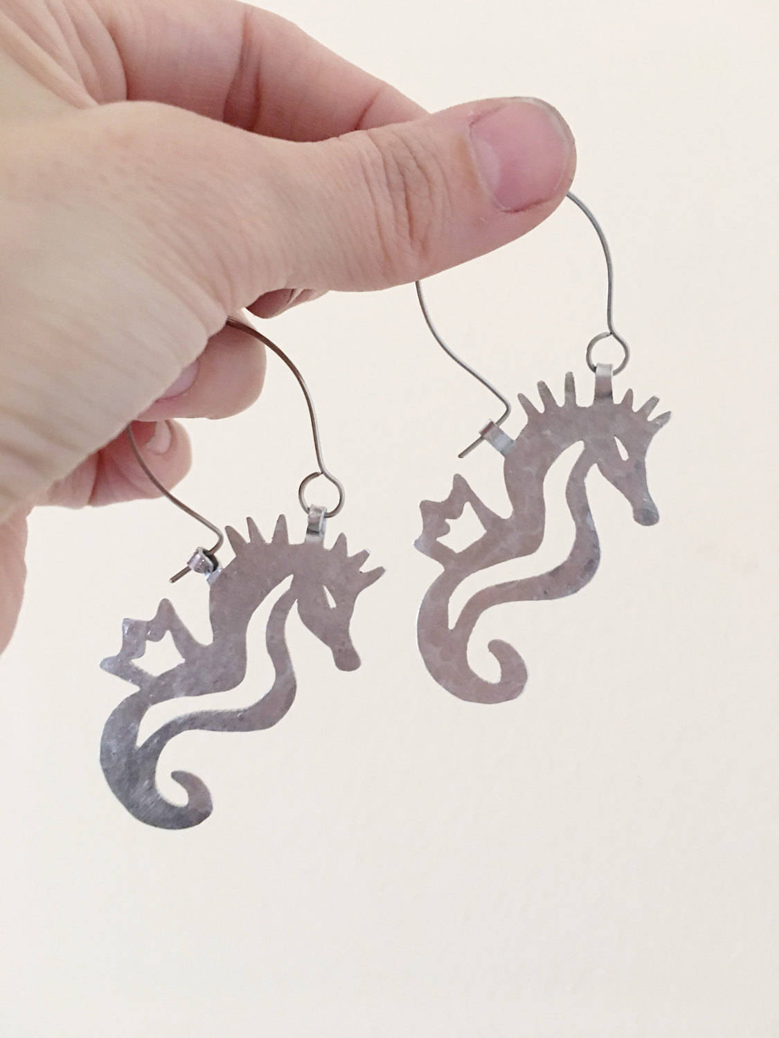 Seahorse earrings, metal seahorse hoop earrings, hammered aluminum  hoop earrings