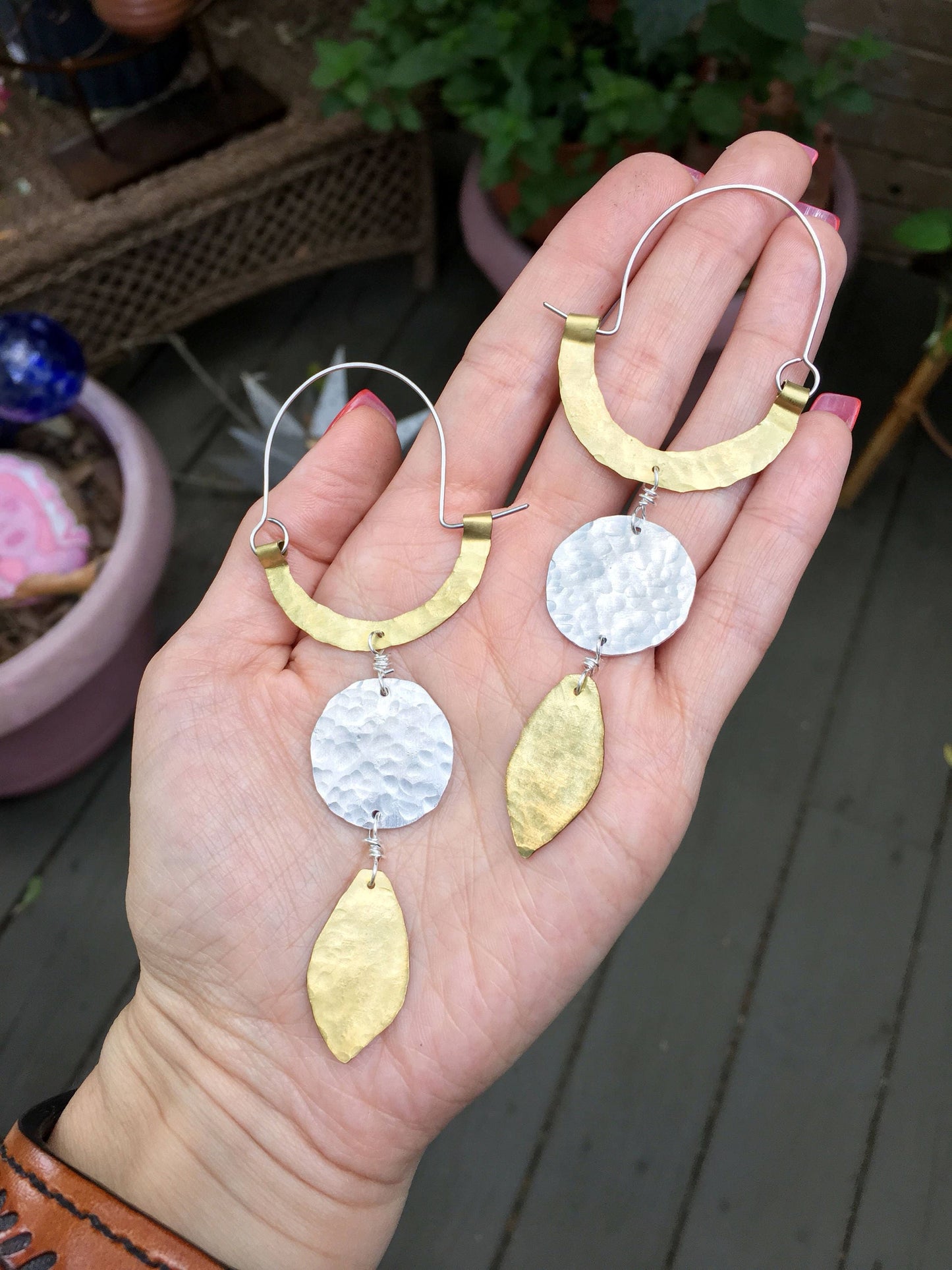 Rustic Two-Tone Geometric Hoop Earrings: Mixed Metal Dangles