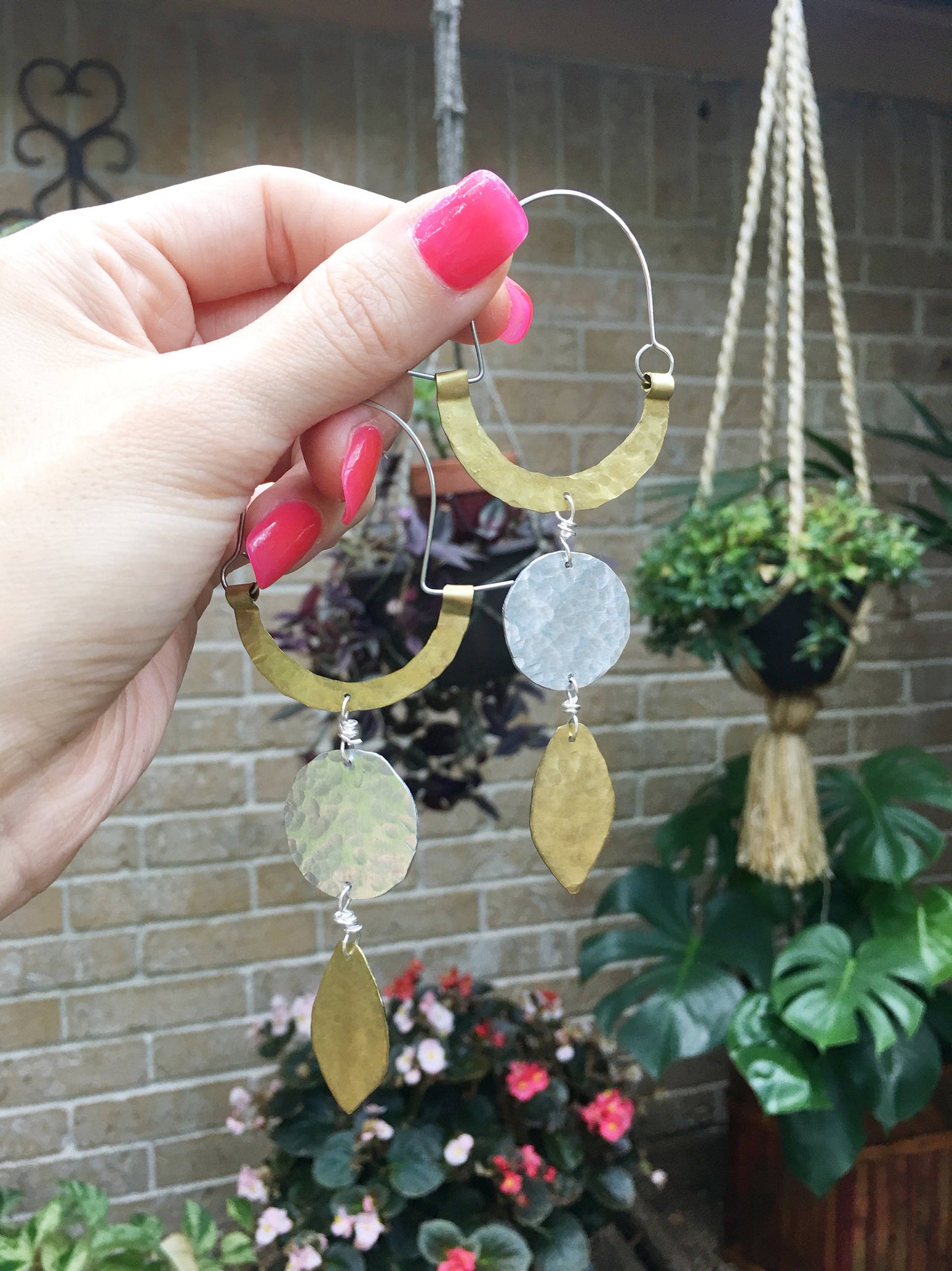 Rustic Two-Tone Geometric Hoop Earrings: Mixed Metal Dangles