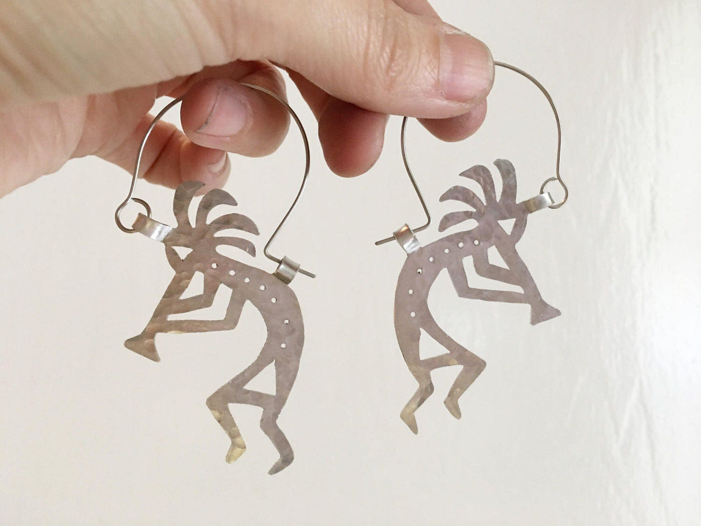 Handmade Kokopelli Hoop Earrings: Hammered Aluminum, Stainless Steel