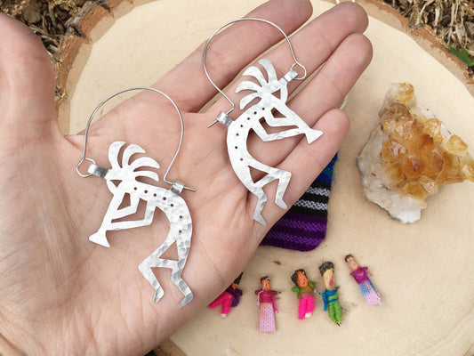 Handmade Kokopelli Hoop Earrings: Hammered Aluminum, Stainless Steel