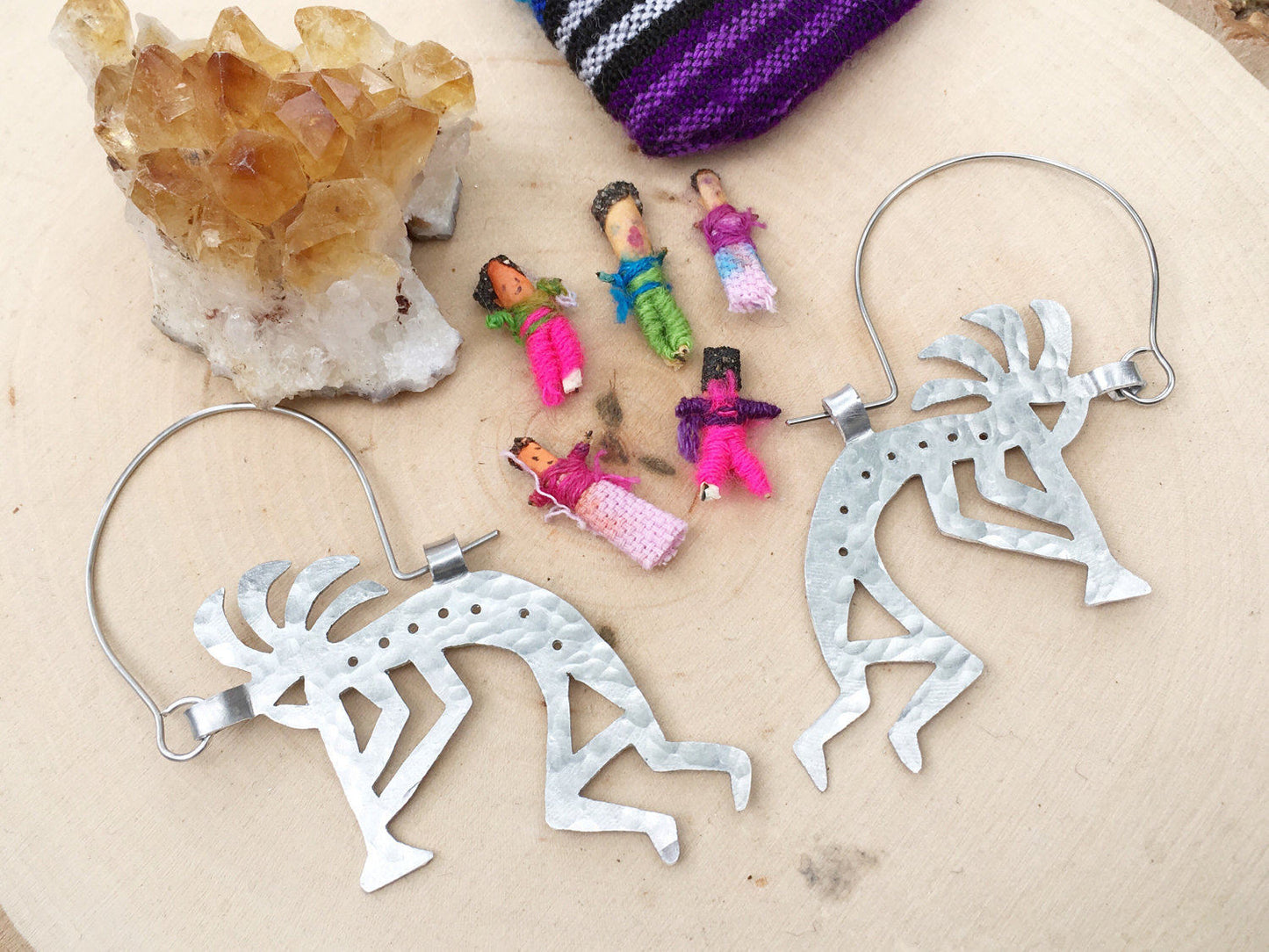 Handmade Kokopelli Hoop Earrings: Hammered Aluminum, Stainless Steel