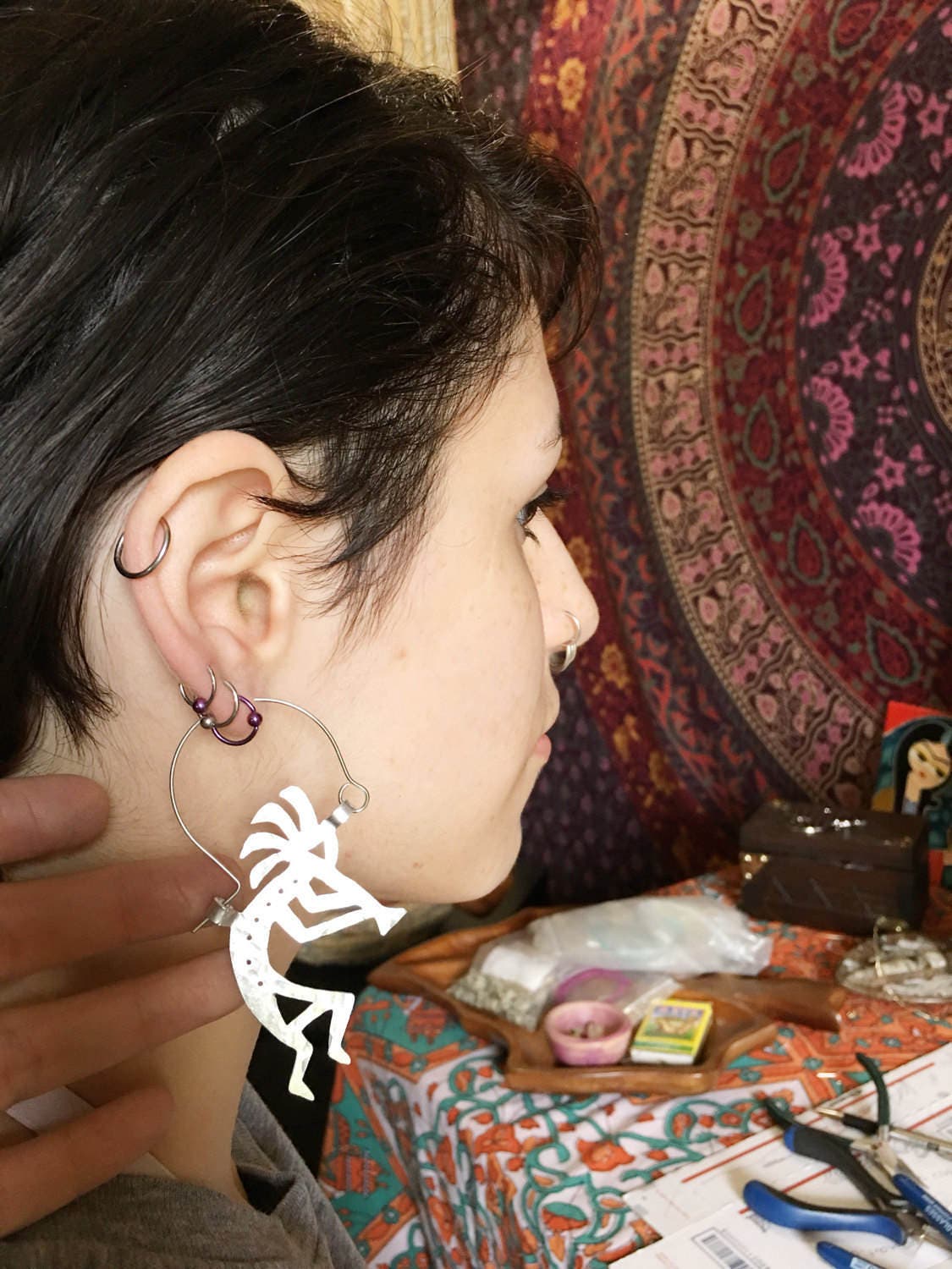 Handmade Kokopelli Hoop Earrings: Hammered Aluminum, Stainless Steel