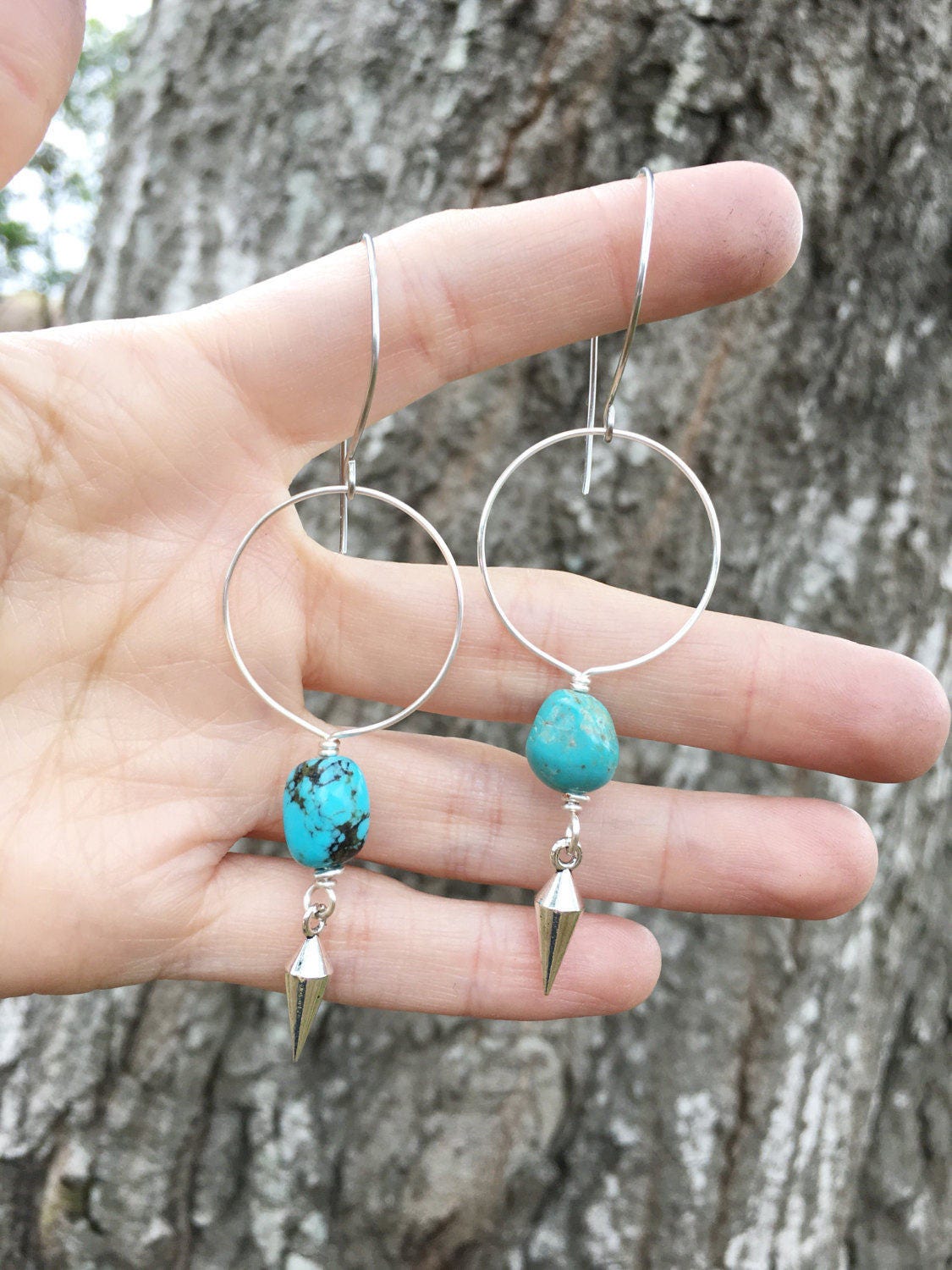 Turquoise Hoop Earrings: Pewter Spike, Modern Tribal Style
