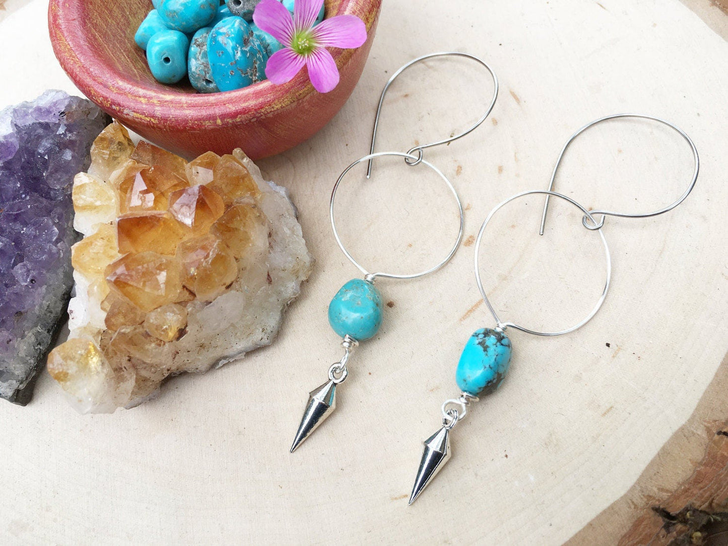 Turquoise Hoop Earrings: Pewter Spike, Modern Tribal Style