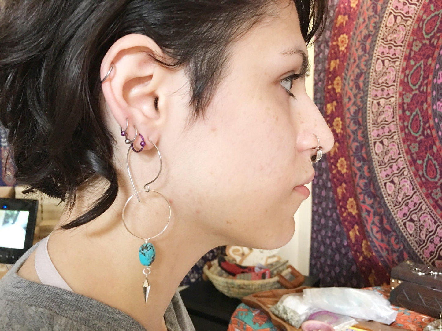 Turquoise Hoop Earrings: Pewter Spike, Modern Tribal Style