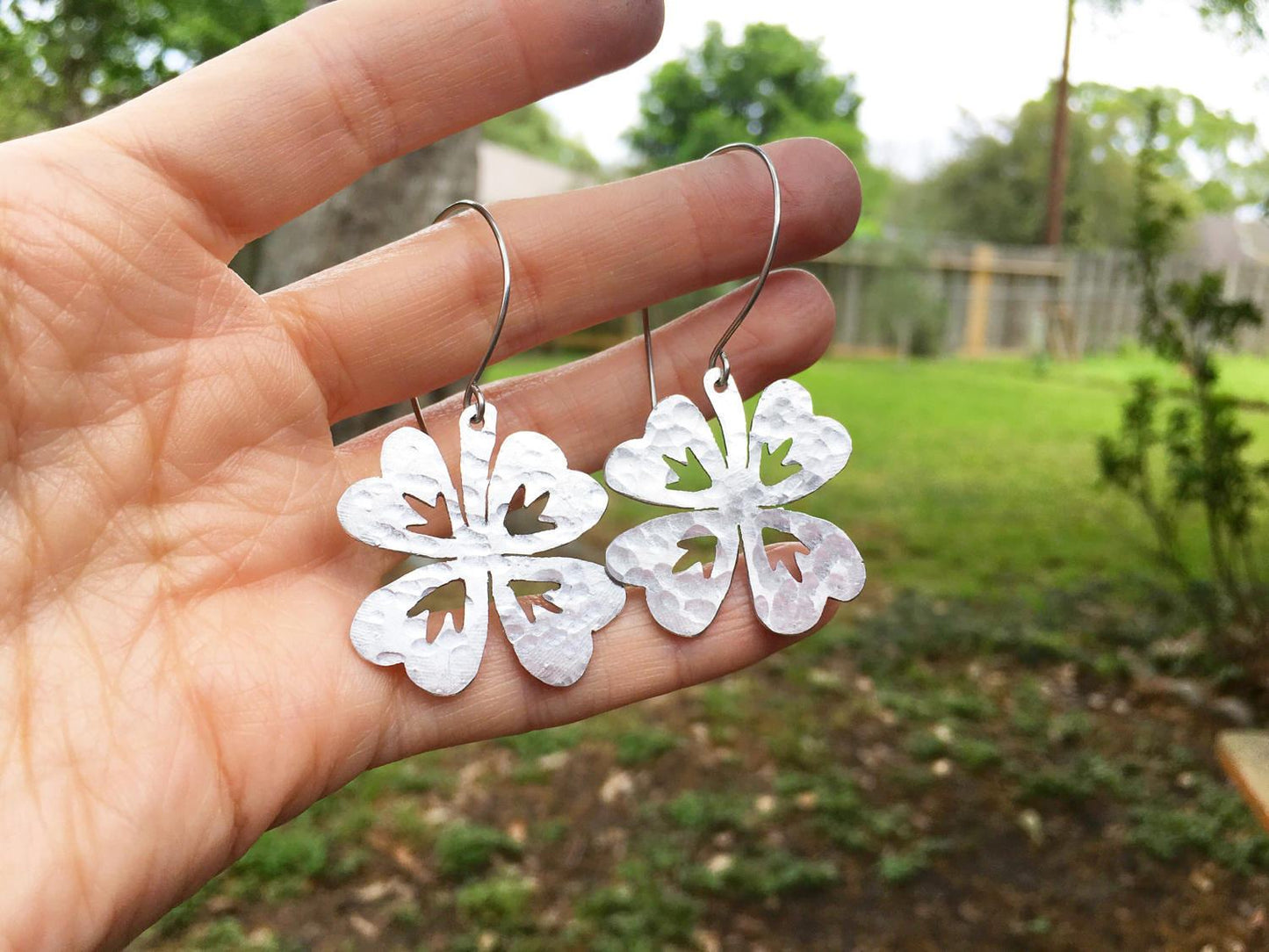 Handmade Four Leaf Clover Earrings: Hammered Metal Hoop Earrings