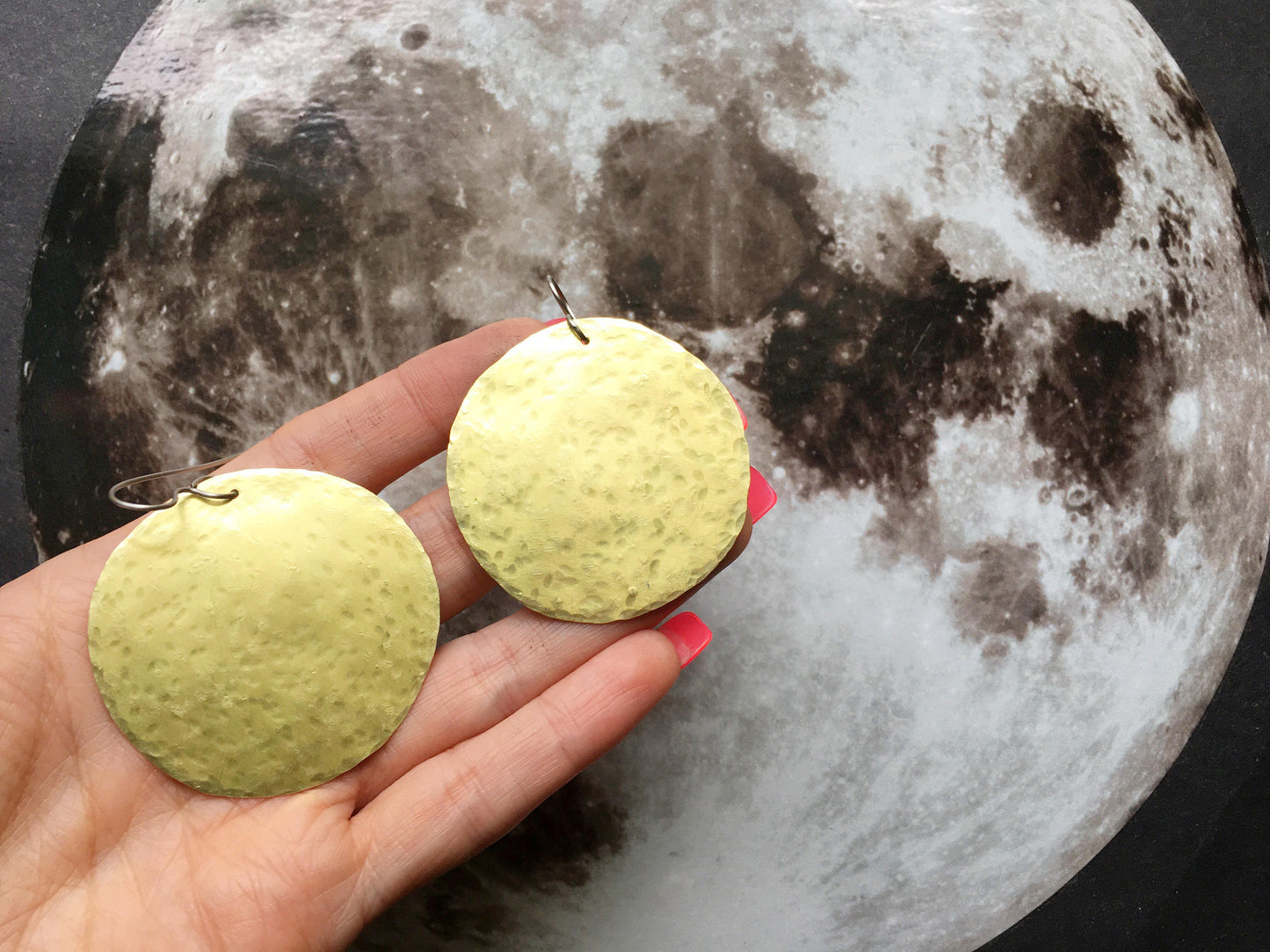 Handmade Hammered Metal Full Moon Earrings: Large Disk Earrings