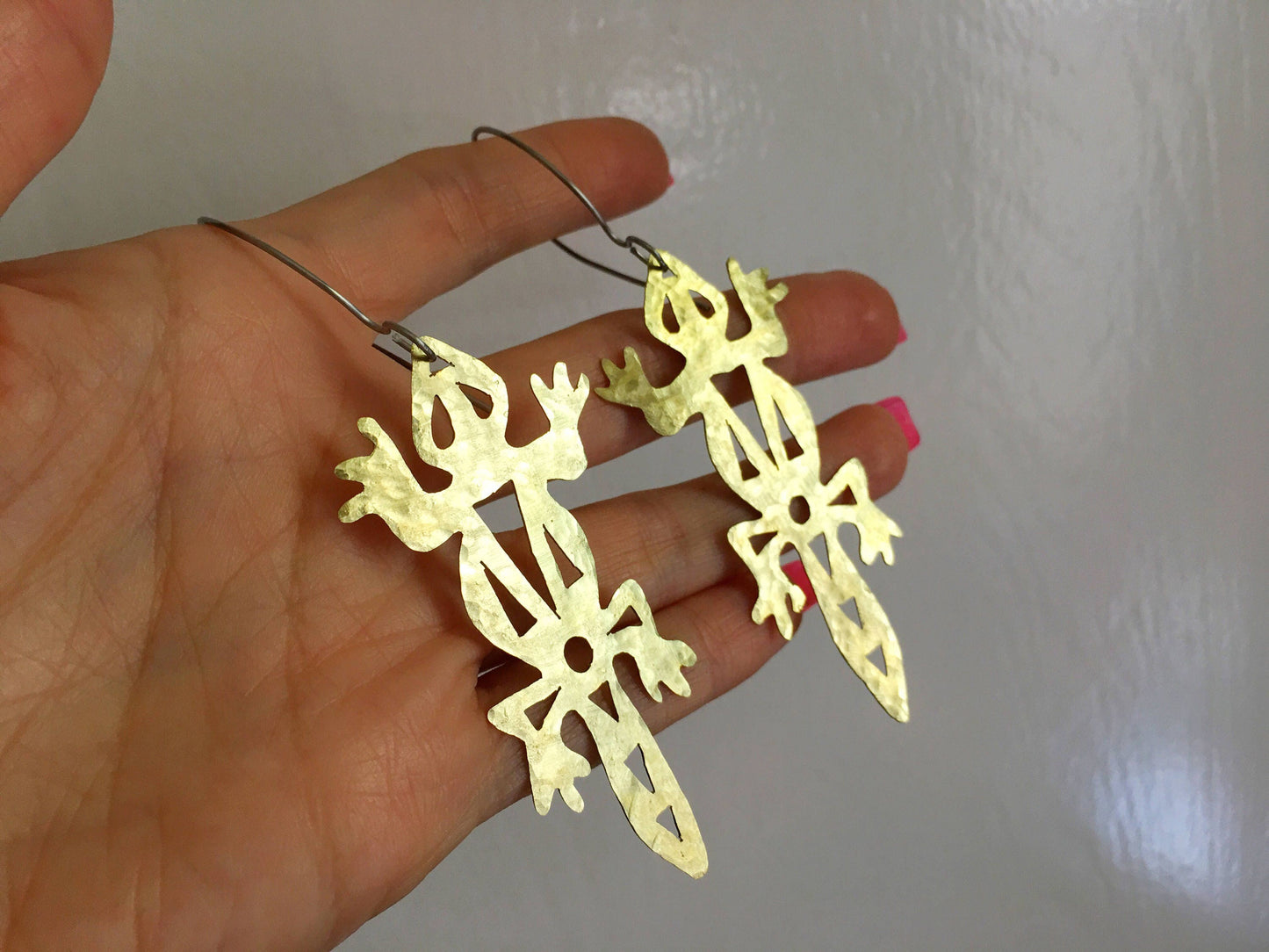 Handmade Metal Lizard Earrings: Tribal Geometric Design