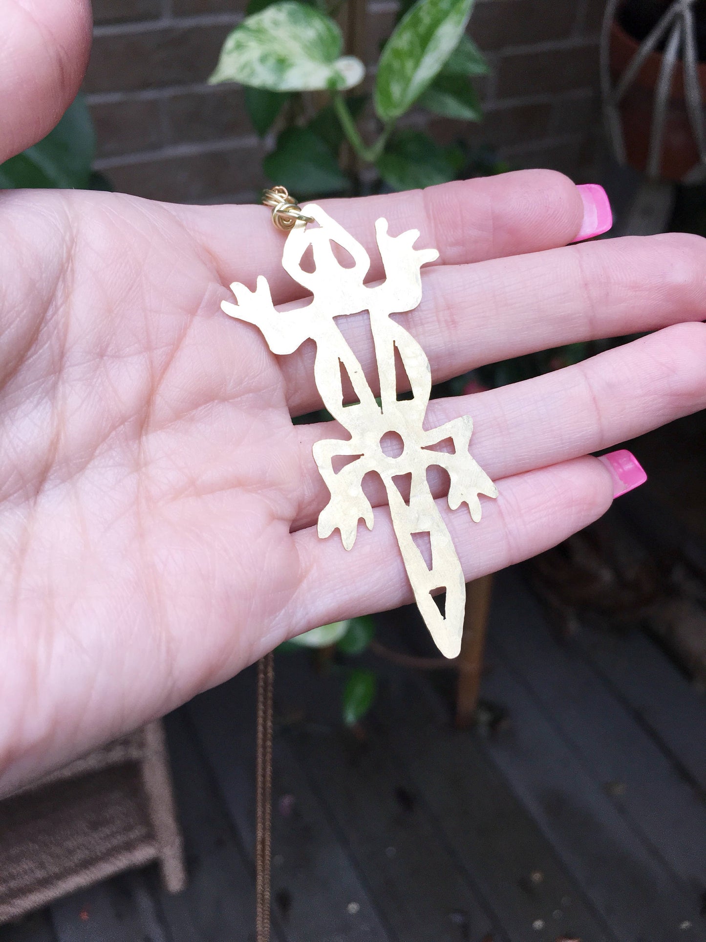 Handmade Brass Lizard Pendant Necklace: Tribal Long Length Jewelry