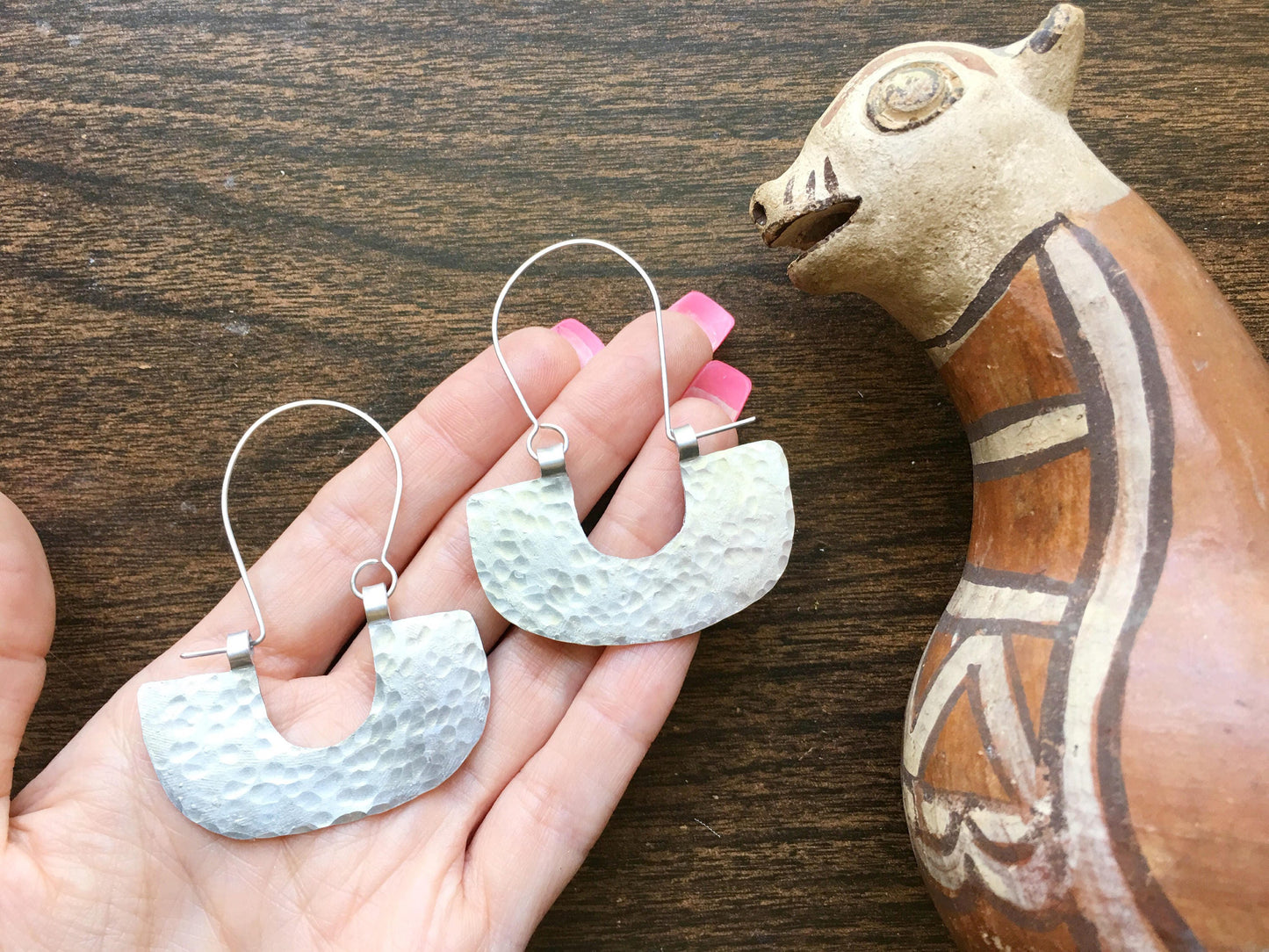 Hammered Metal Half Circle Hoop Earrings: Pre-Columbian Style