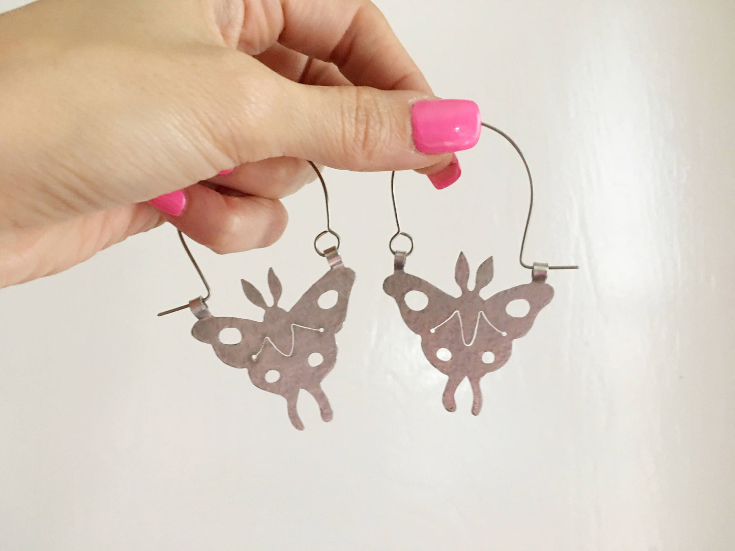 Handmade Luna Moth Hoop Earrings: Stainless Steel Insect Jewelry