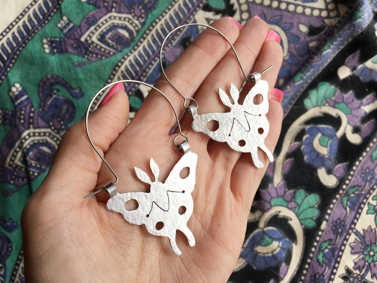 Handmade Luna Moth Hoop Earrings: Stainless Steel Insect Jewelry