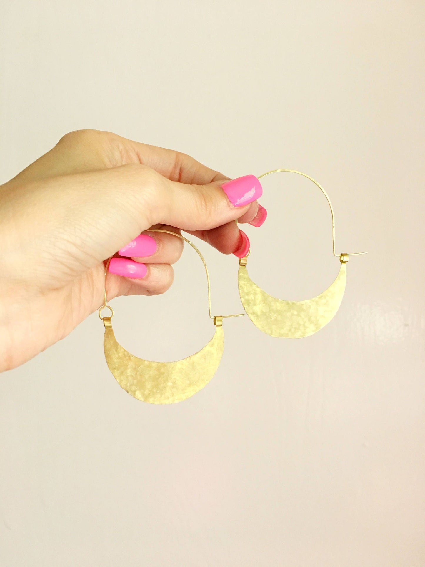 Rustic Hammered Metal Hoop Earrings: Handmade Crescent Design