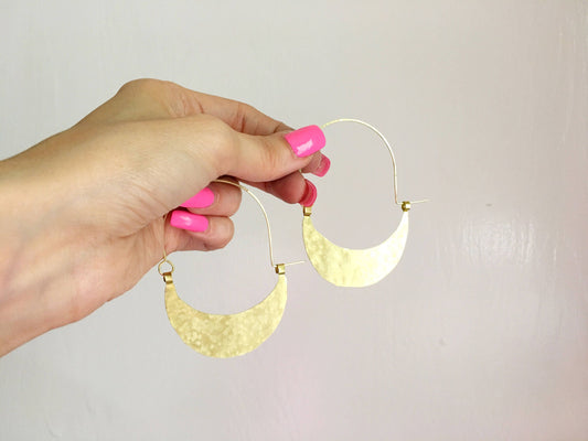 Rustic Hammered Metal Hoop Earrings: Handmade Crescent Design