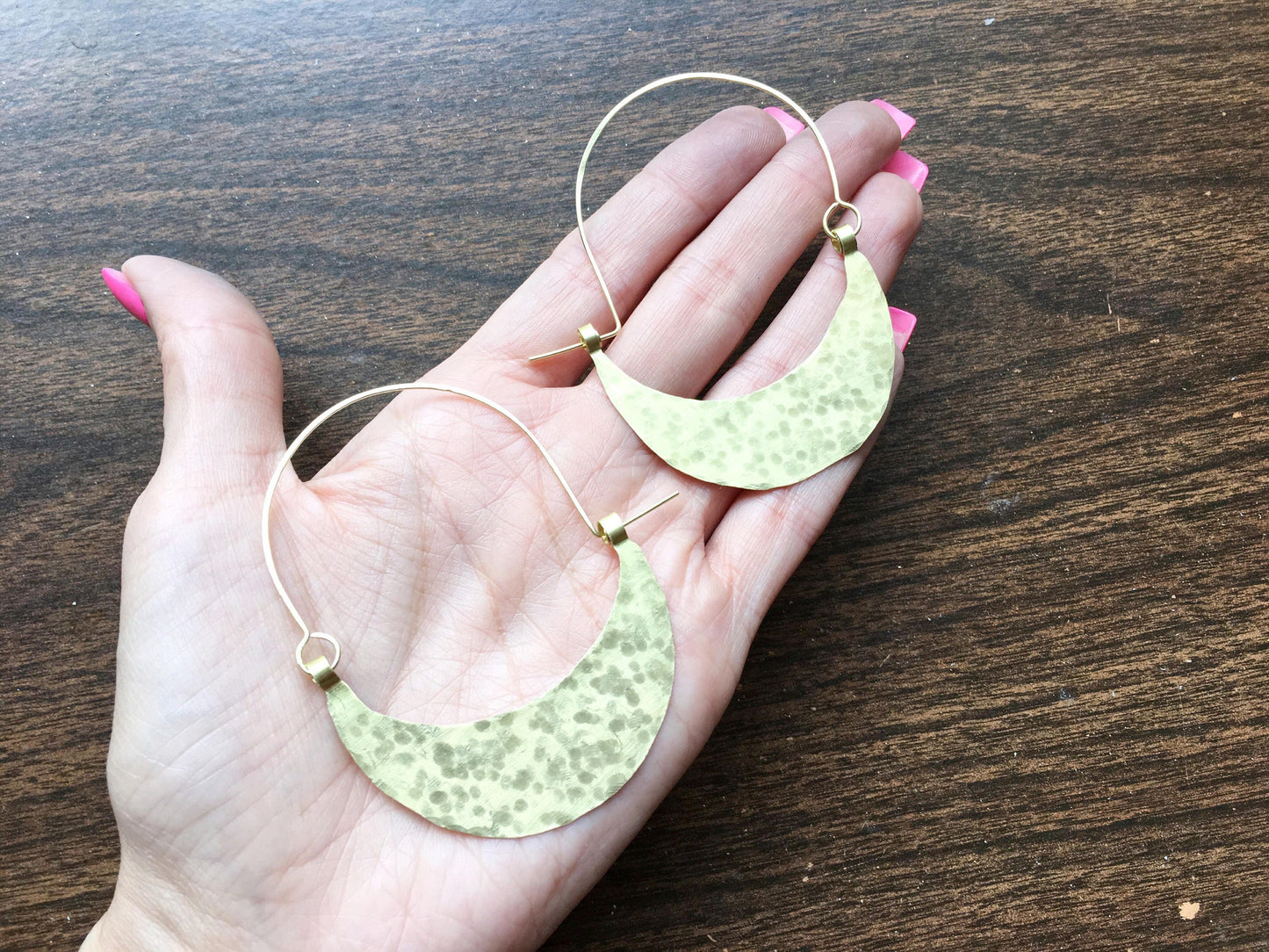 Rustic Hammered Metal Hoop Earrings: Handmade Crescent Design