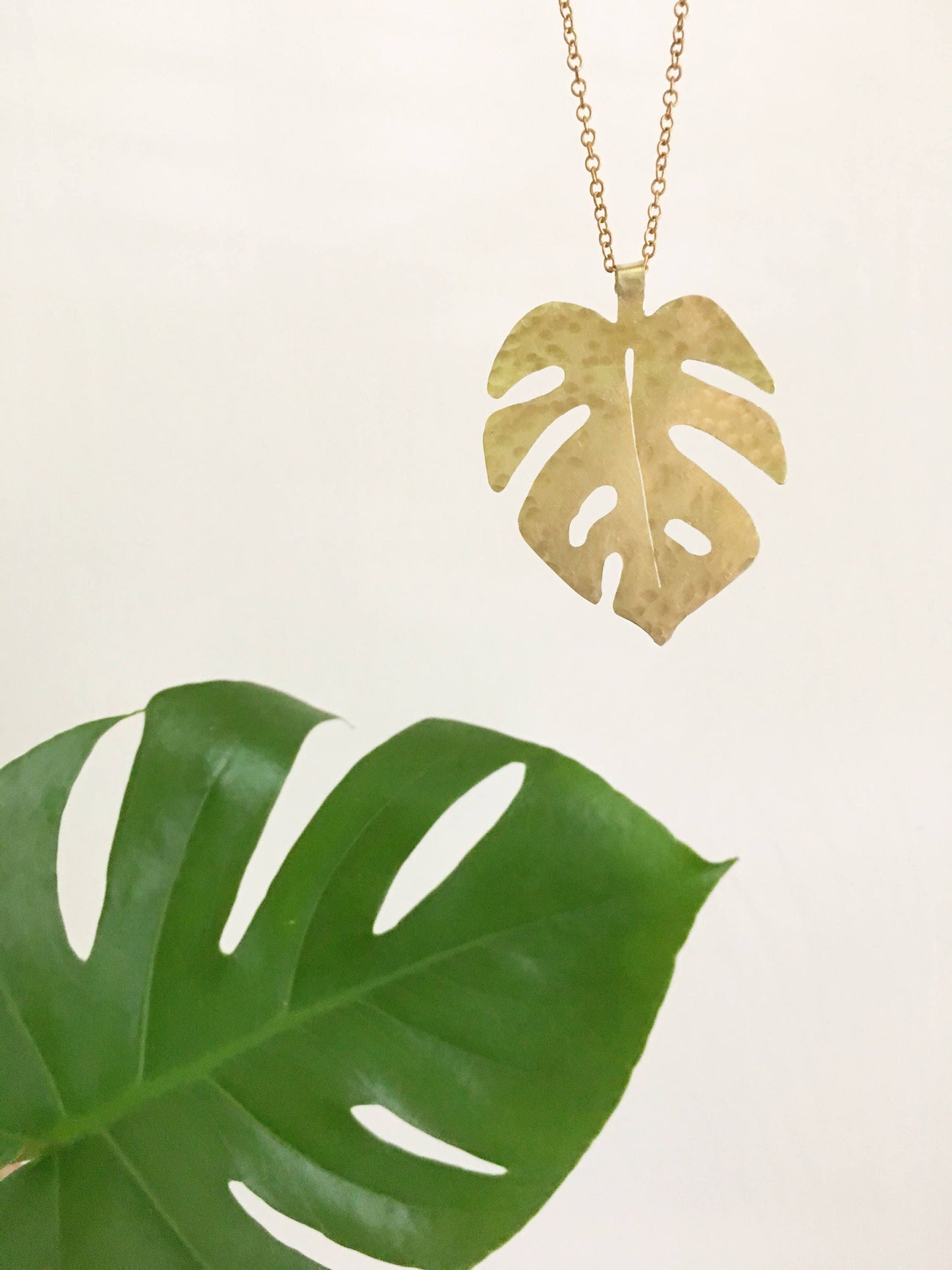 Hammered Brass Monstera Leaf Pendant Necklace - Long Length