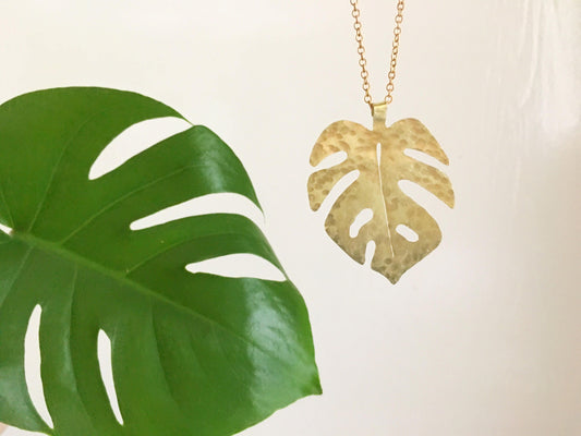 Hammered Brass Monstera Leaf Pendant Necklace - Long Length