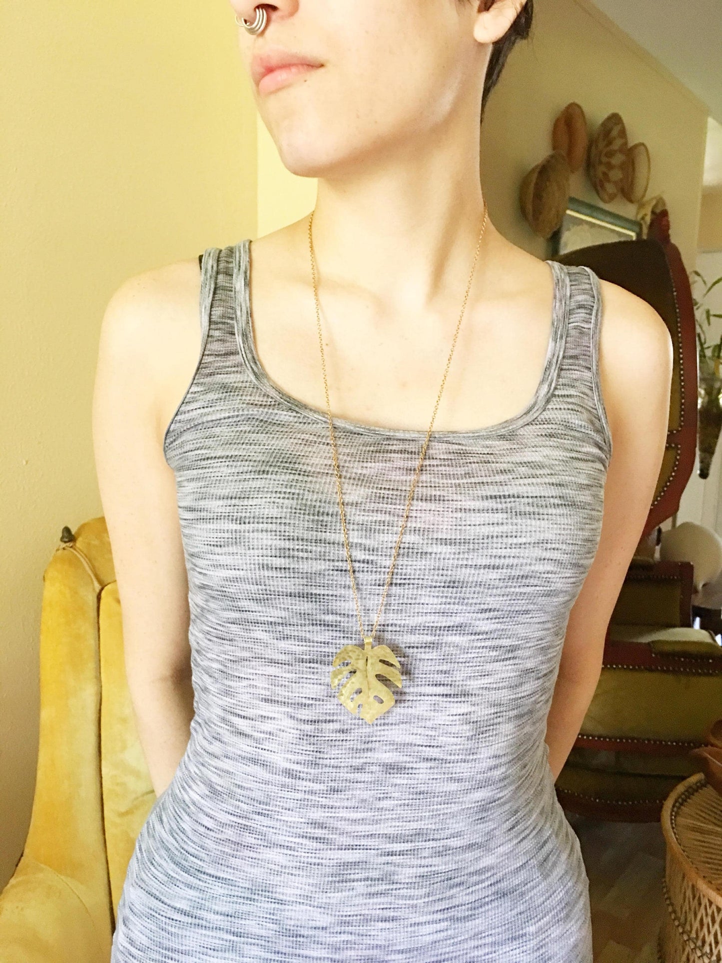Hammered Brass Monstera Leaf Pendant Necklace - Long Length