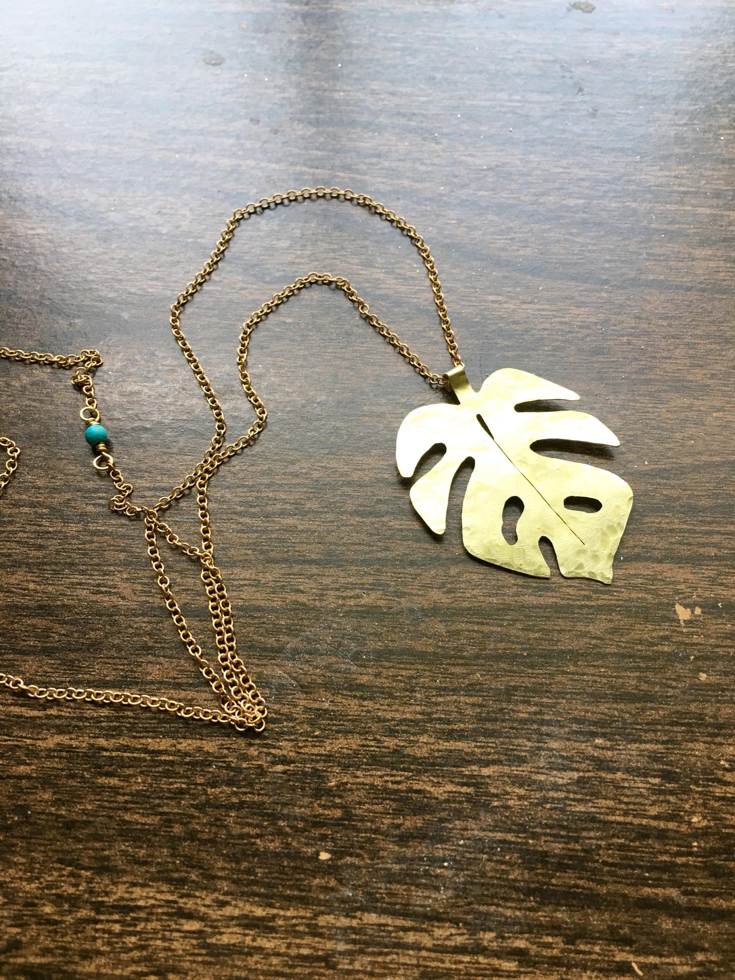 Hammered Brass Monstera Leaf Pendant Necklace - Long Length