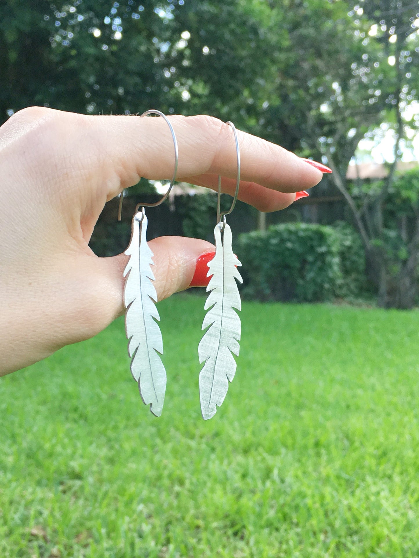Handmade Aluminum Feather Hoop Earrings: Stainless Steel Ear Wire