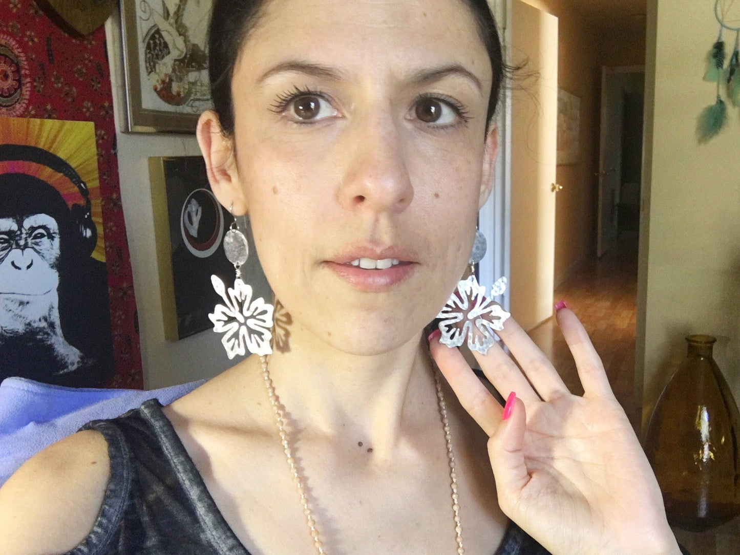 Handmade Hibiscus Flower Dangle Earrings: Aluminum & Copper