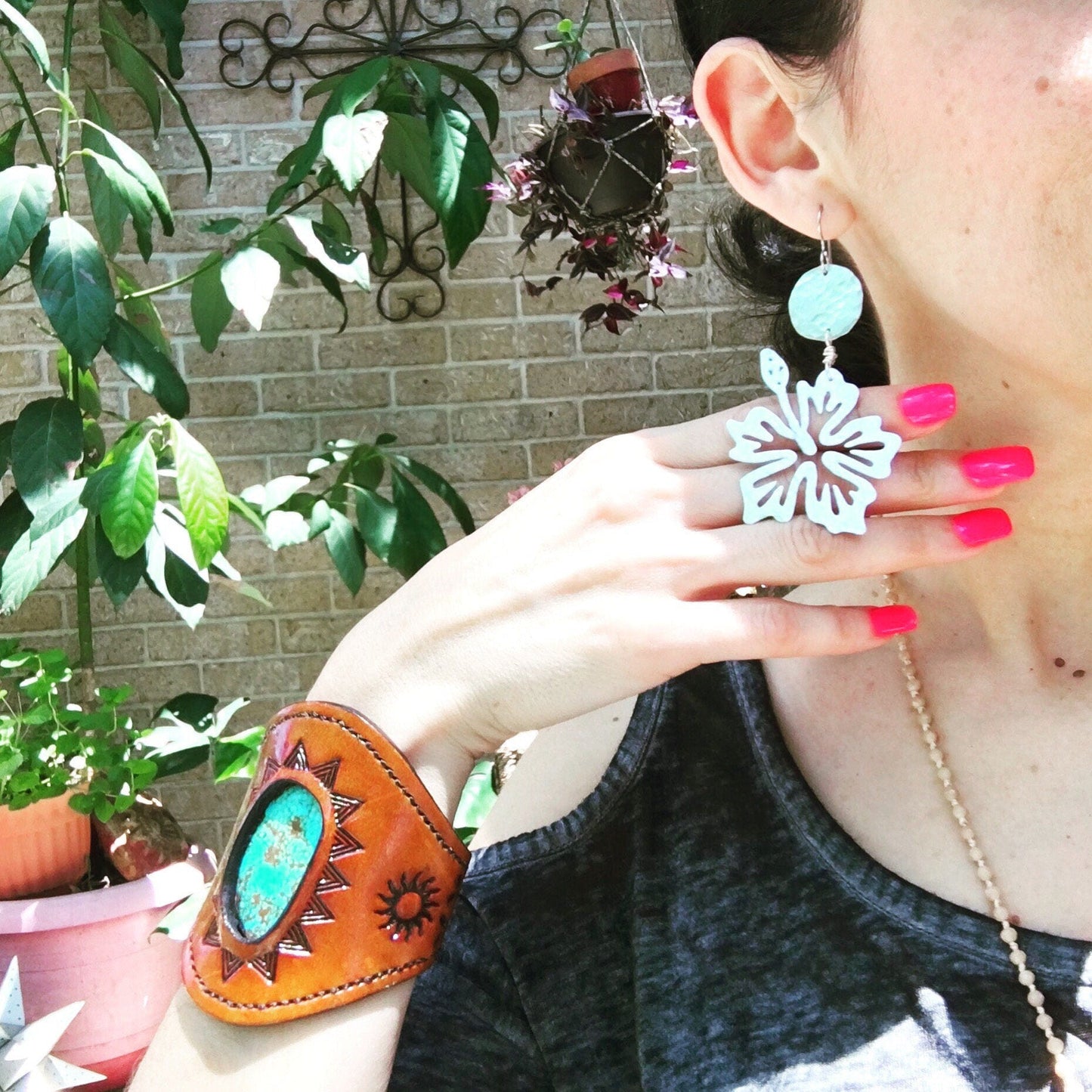 Handmade Hibiscus Flower Dangle Earrings: Aluminum & Copper