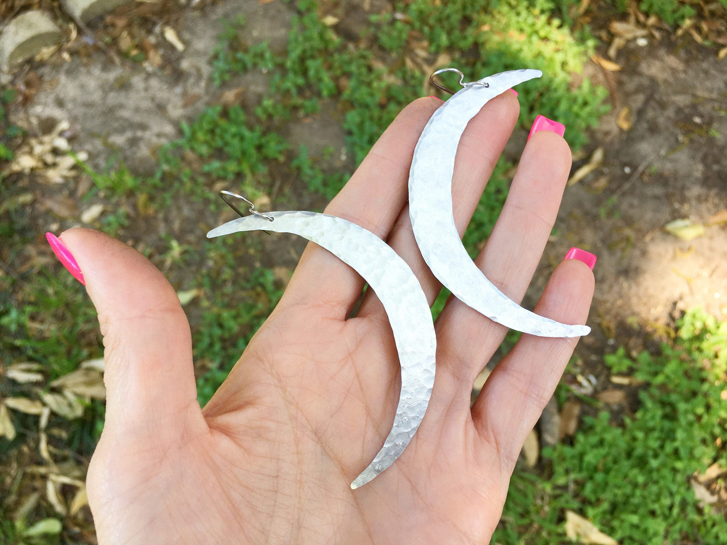 Large Crescent Moon Earrings: Handmade Brass or Copper Dangles