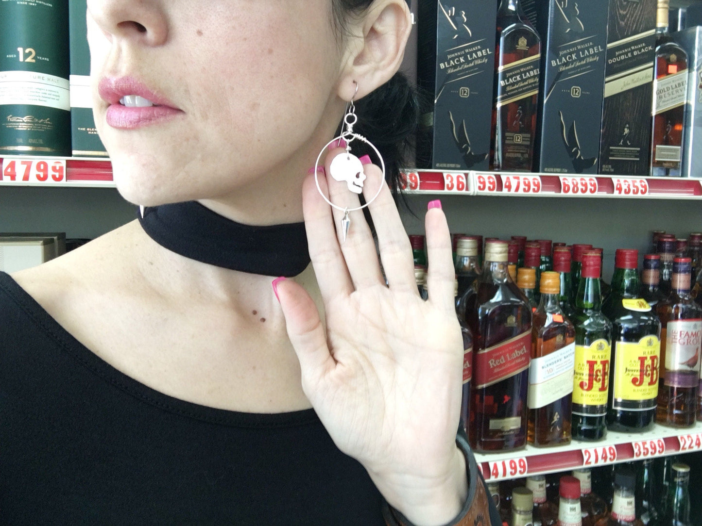 Skull Hoop Earrings: Pewter Spikes, Aluminum Cutout