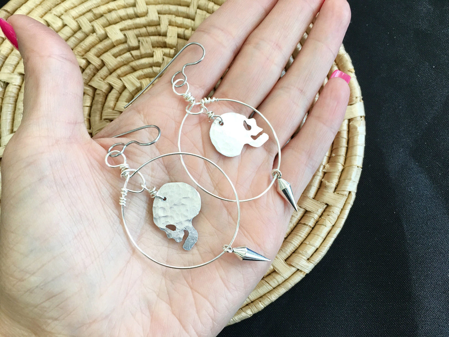 Skull Hoop Earrings: Pewter Spikes, Aluminum Cutout