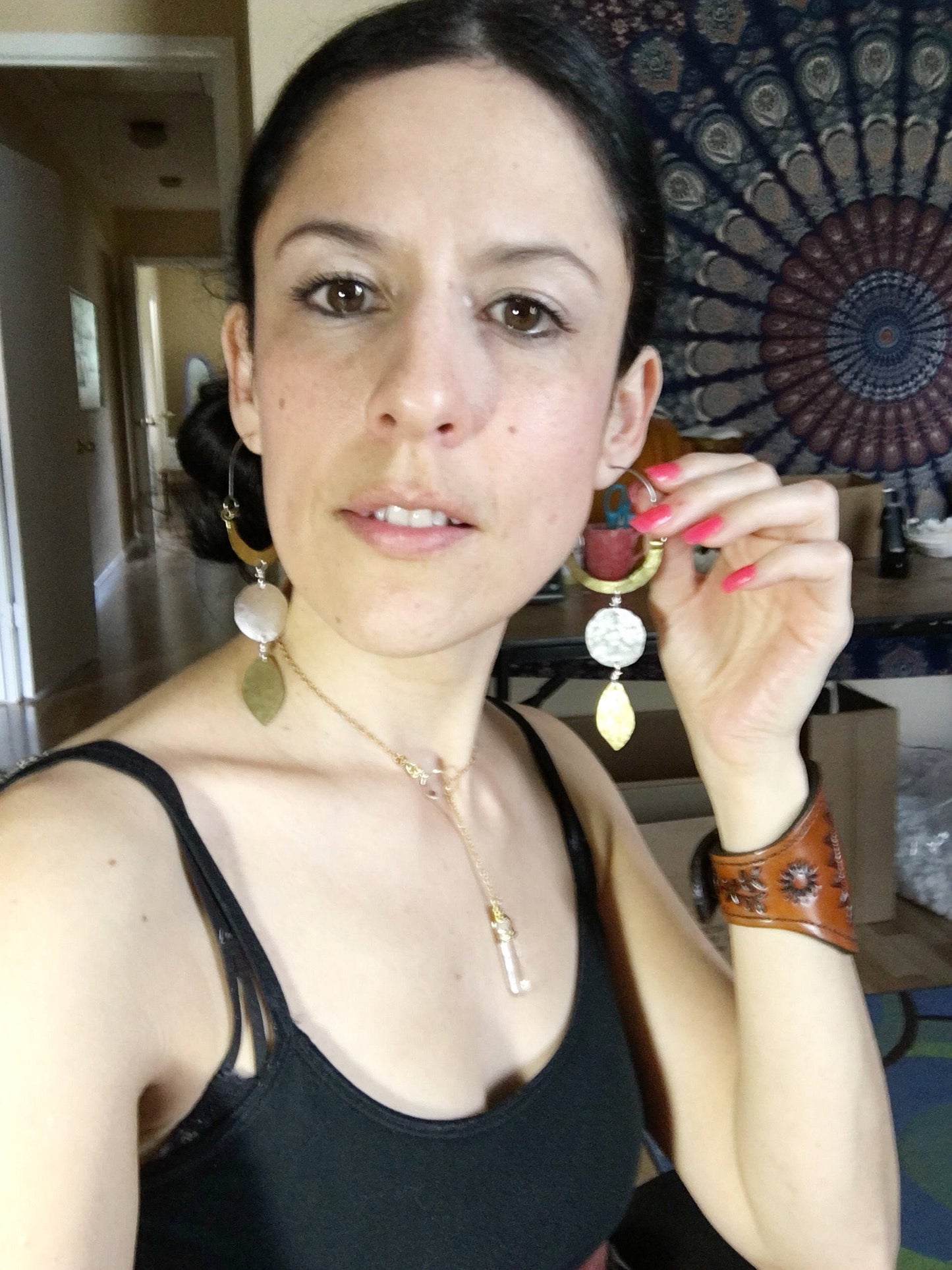 Rustic Two-Tone Geometric Hoop Earrings: Mixed Metal Dangles