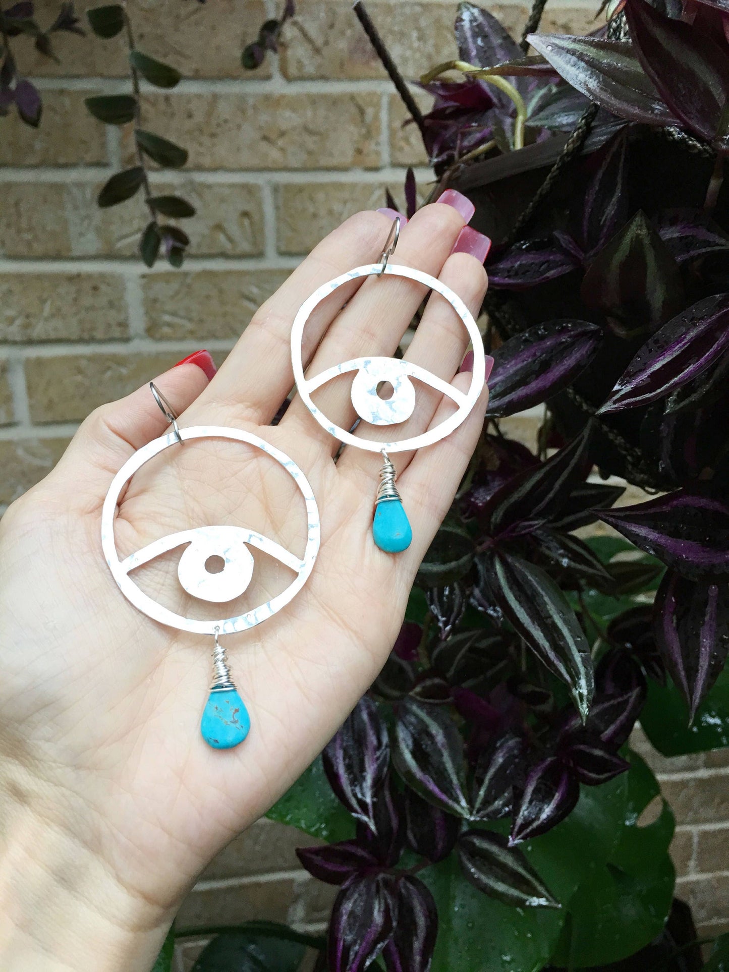 Handmade Aluminum Eye Earrings with Turquoise Drop