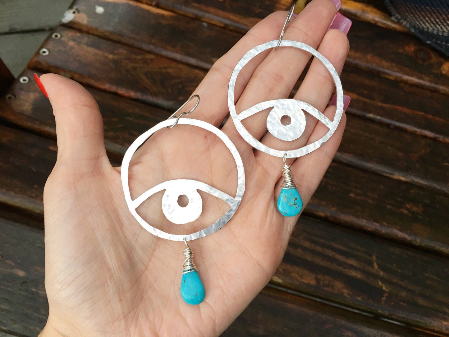 Handmade Aluminum Eye Earrings with Turquoise Drop
