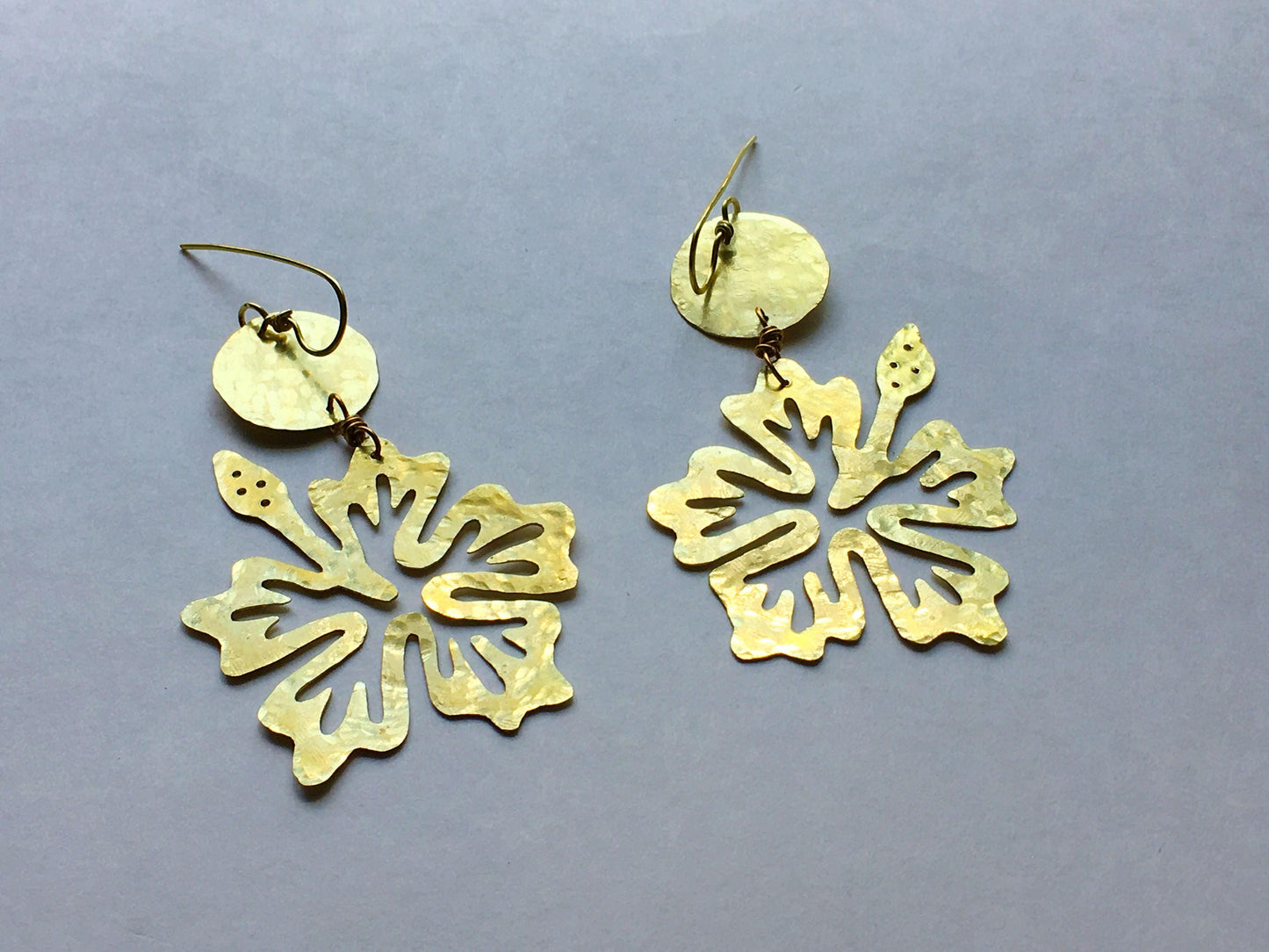Handmade Hibiscus Flower Dangle Earrings: Aluminum & Copper