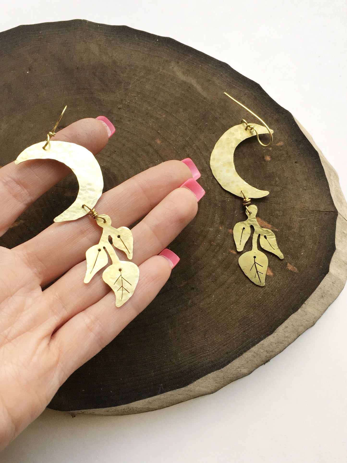 Handmade Crescent Moon Earrings: Hammered Brass Lunar Plant Jewelry