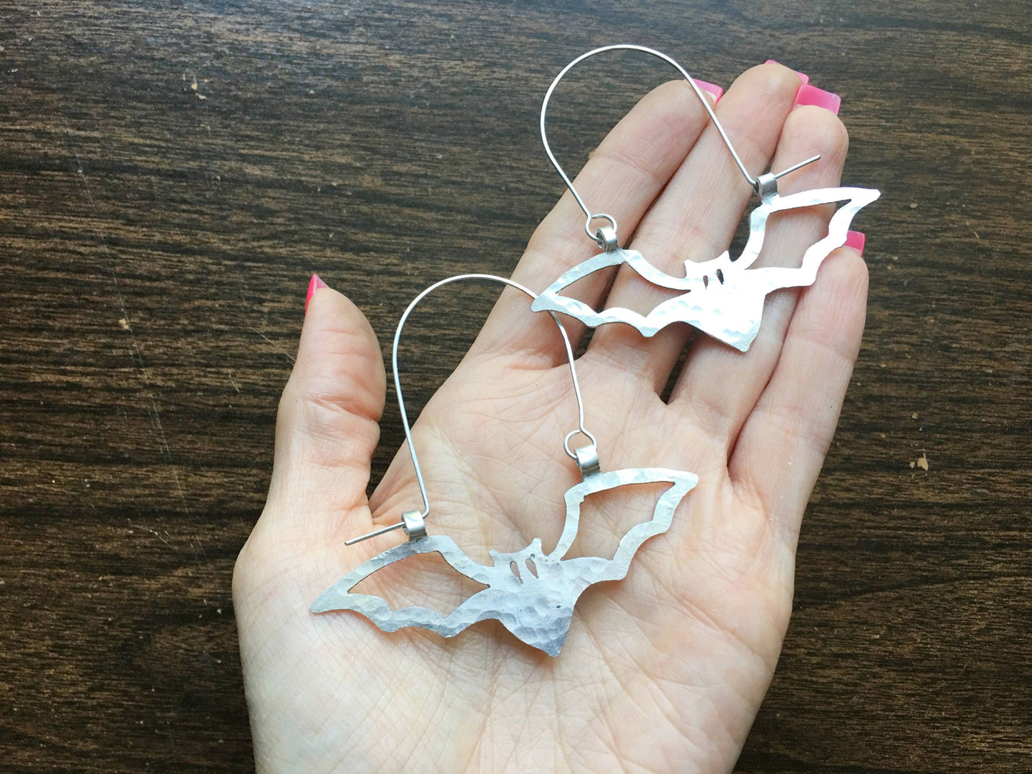 Hand Cut Bat Hoop Earrings: Metal Halloween Jewelry