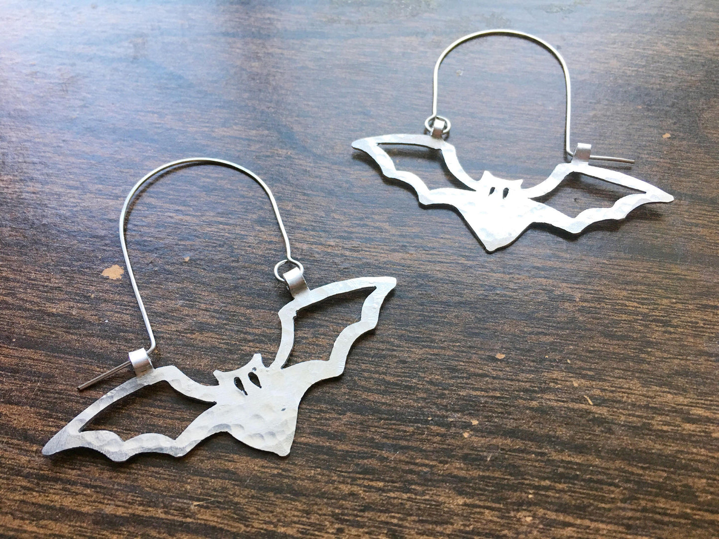 Hand Cut Bat Hoop Earrings: Metal Halloween Jewelry