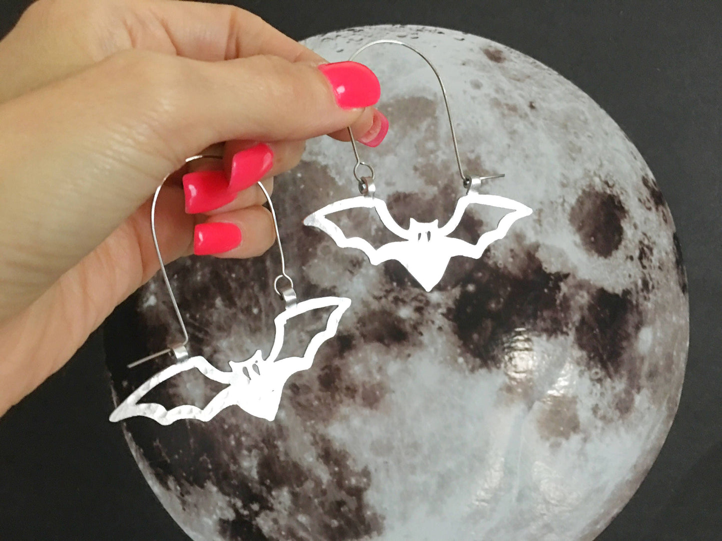 Hand Cut Bat Hoop Earrings: Metal Halloween Jewelry