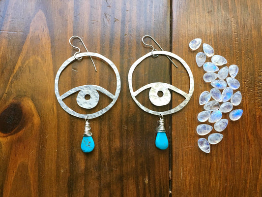 Handmade Aluminum Eye Earrings with Turquoise Drop