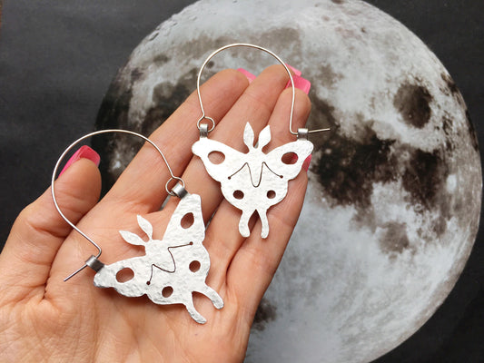Handmade Luna Moth Hoop Earrings: Stainless Steel Insect Jewelry