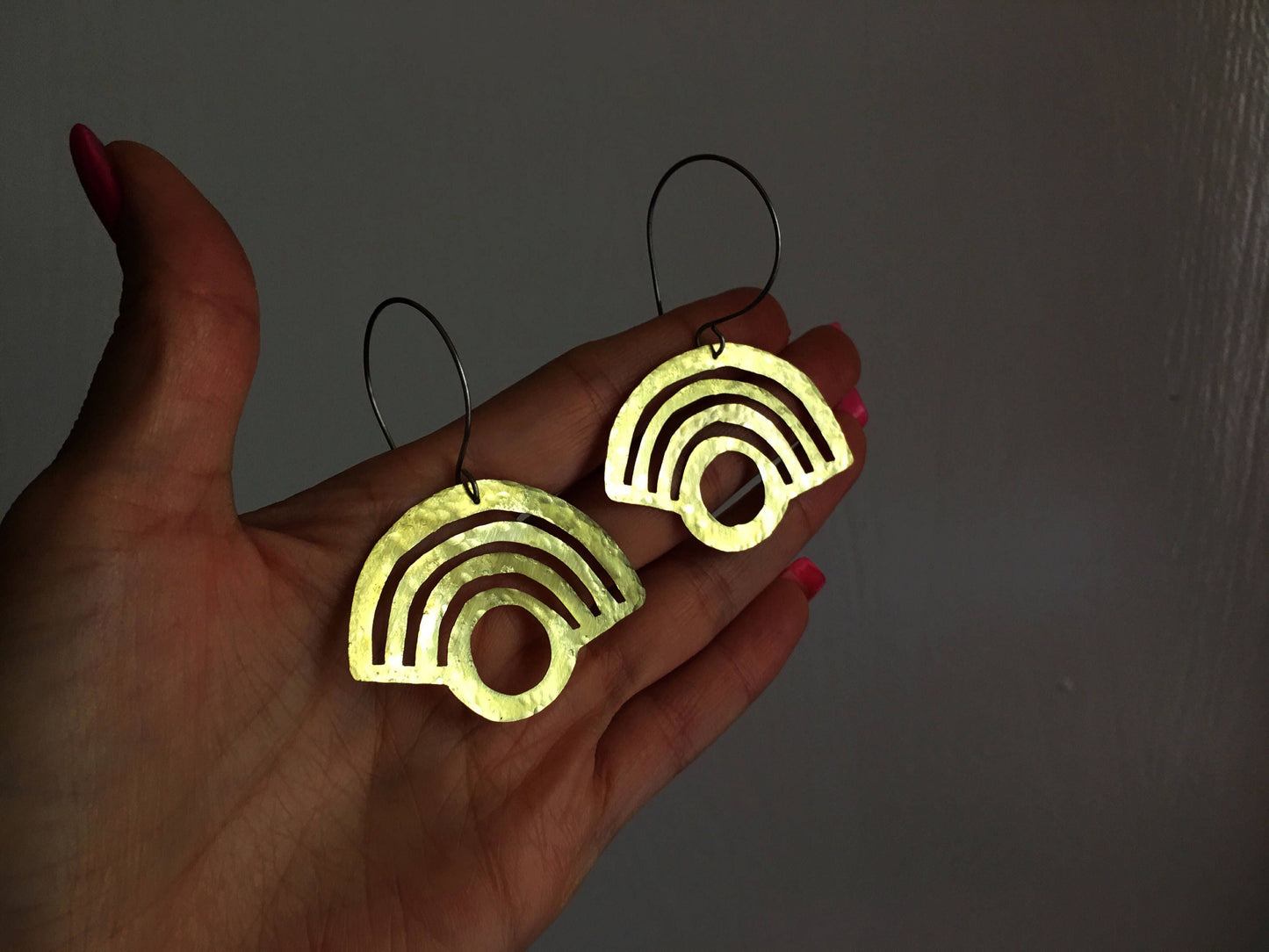 Rainbow earrings, metal arch hoops