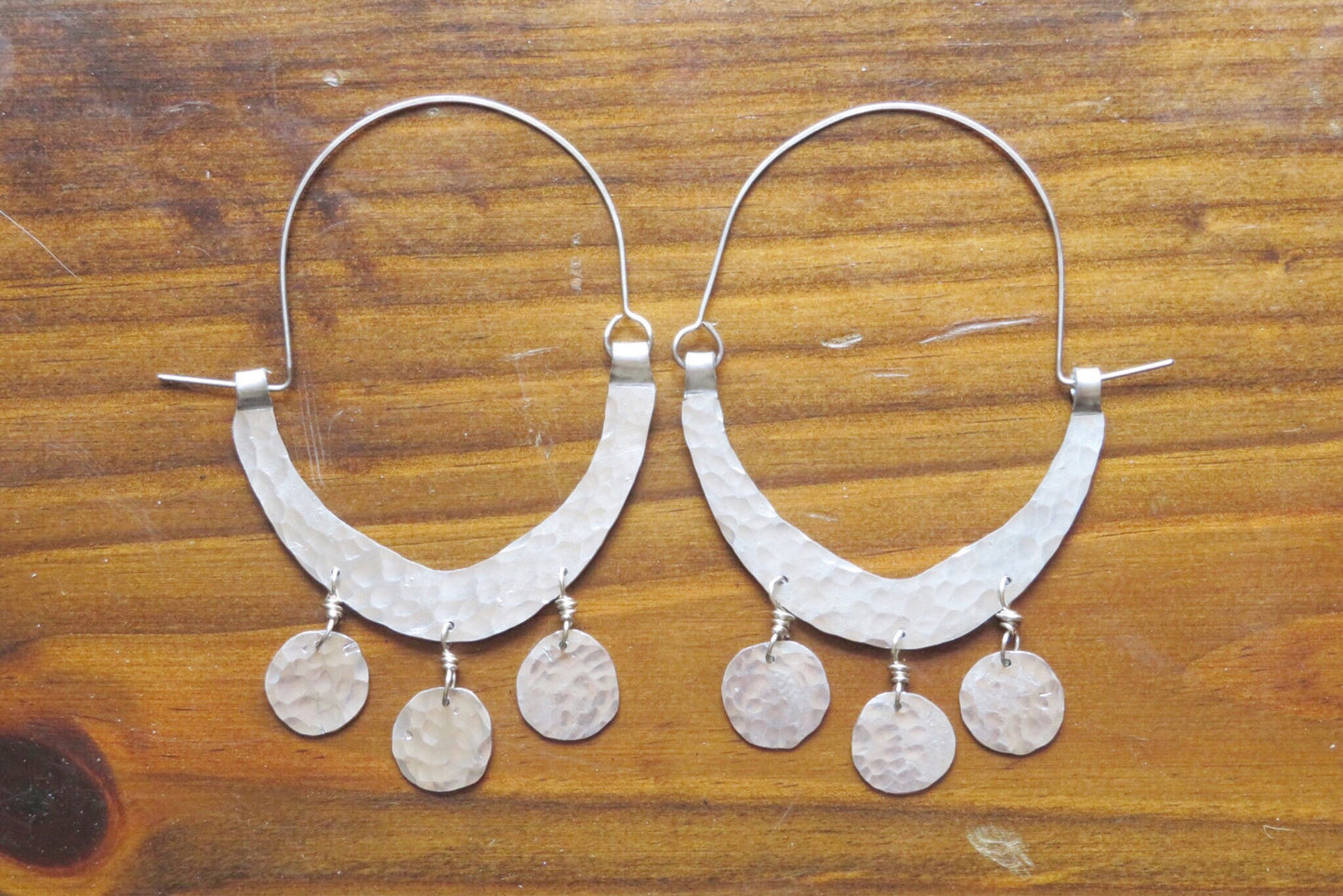Rustic Hammered Coin Hoop Earrings: Handmade Metal Dangles