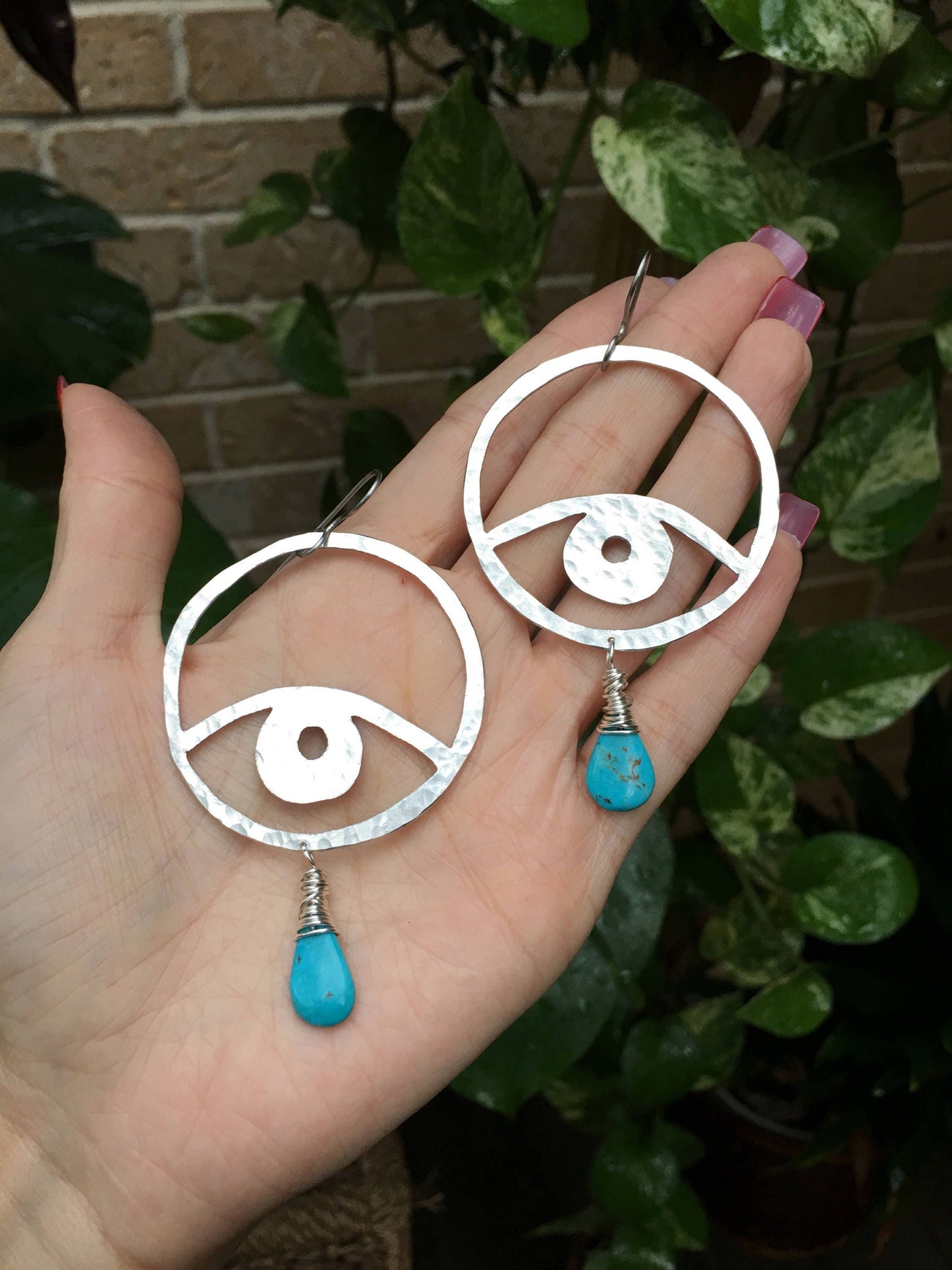 Handmade Aluminum Eye Earrings with Turquoise Drop