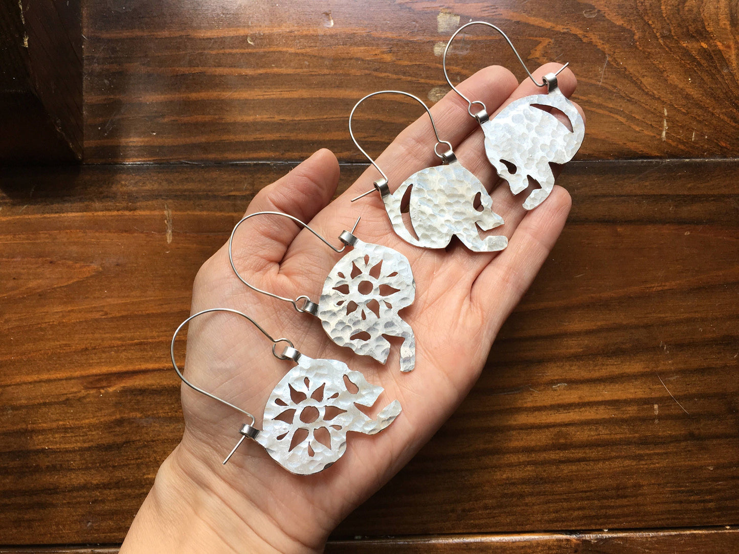 Skull earrings, hammered metal skull hoop earrings, day of the dead, folk art jewelry