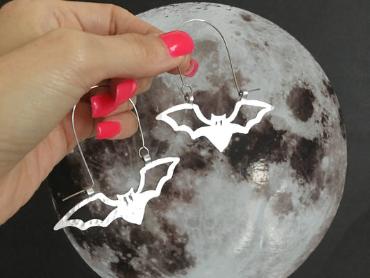 Hand Cut Bat Hoop Earrings: Metal Halloween Jewelry